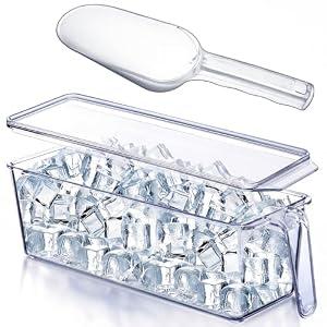 Havawish Ice Storage Bin for Freezer with Lid and Flexible Scoop Set Plastic Ice Container with Lid Handle for Home Office Fridge Storage (12.4 x 3.94 x 3.94 Inches, Clear, 1 Set)