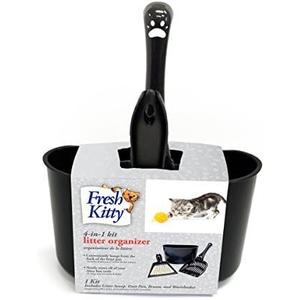 Fresh Kitty 4-in-1 Litter Box Organizer Cleanup Kit  Cat Litter Box Cleaning Supplies  Sweeper & Dustpan, Scooper, Storage Caddy, Black