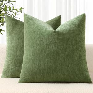 decorUhome Chenille Olive Green Throw Pillow Covers 18x18 Inch Set of 2, Decorative Soft Couch Pillow Covers Solid Dyed Accent Farmhouse Neutral Square Pillow Cases for Sofa