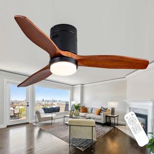 42 Inch Low Profile Ceiling Fans with Lights and Remote, Flush Mount Ceiling Fan with Lights, 3 Blades Solid Wood Dimmable Walnut Easy Installation for Living Room, Bedroom, Farmhouse, Indoor