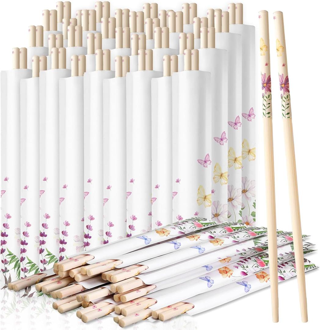 50 Pairs Cherry Blossom Chopsticks Bulk with Sleeved Blue Flower Disposable Bamboo Eucalyptus Chopsticks Wedding Favors Chinese Japanese Food Supply for Takeout Picnic(Wildflower)