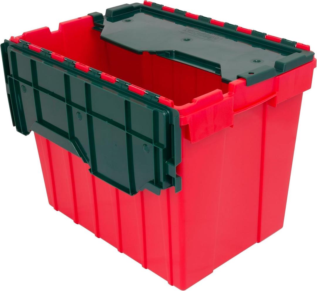 Akro-Mils KeepBox 18 Gallon Storage Container, Nesting and Stackable Plastic Storage Box with Lid Attached, Organizer Tote for Garages, Closets, and Moving, 21" x 15" x 17", Red/Green