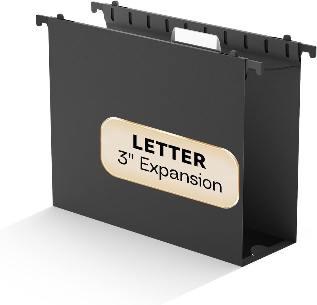 Plastic Extra Capacity Hanging File Folder Letter Size,Heavy Duty 3 inch Expansion,Reinforced Black Large Hanging Folders,Adjustable Tabs,Filing Cabinet Folders for Bulky Files Office,12 Pack