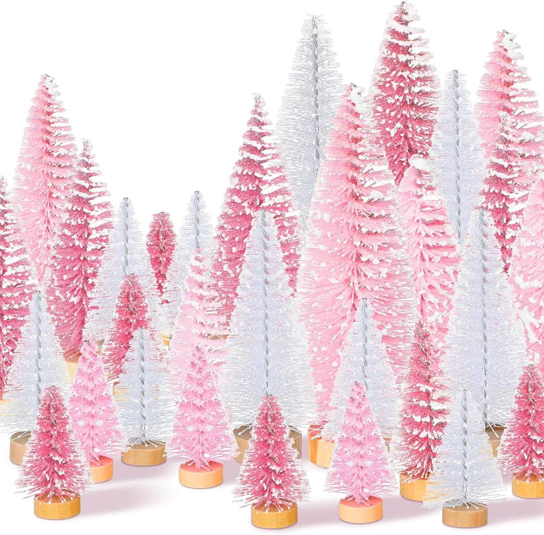 Leyndo 48 Pcs Pink White Artificial Mini Christmas Tree Xmas Sisal Bottle Brush Trees with Wood Base Christmas Decor for Xmas Party Table Top Winter Ornaments Home Kitchen Crafts