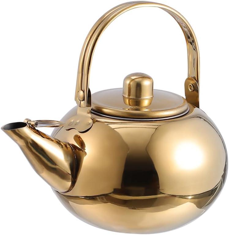Cabilock Stainless Steel Stovetop Tea Kettle with Built-in Strainer 4.7 Inch Compact Teapot for Brewing Food Grade Whistling Kettle with Ergonomic Handle for Home Kitchen Use (2.6 Quarts, Golden 16CM)