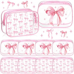Kacctyen 10 Pcs Pink Bow Makeup Bags Bulk Gifts for Girl Women Birthday Party Favors Coquette Pastel Bow PVC Clear Cosmetic Bags Waterproof Travel Toiletry Pouch for Party Favors