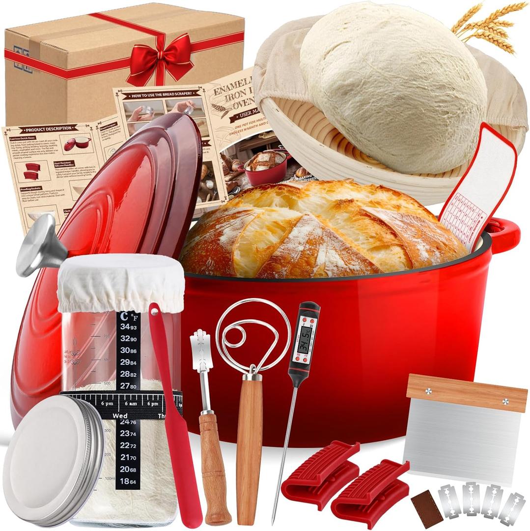 Enameled Cast Iron Dutch Oven Pot with Lid, Incl. Sourdough Bread Baking Supplies Like Banneton Bread Proofing Basket, Starter Jar, Bread Lame, 5QT Dutch Oven for Bread Baking, Oven Safe up to 500F (RED)