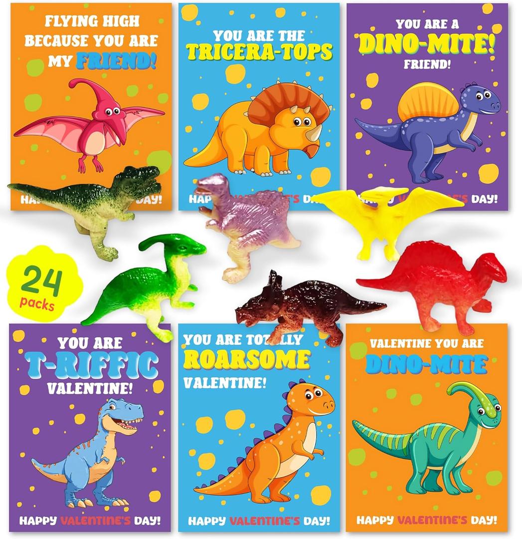 2 x Valentines Day Cards for Kids School, Dinosaur Designs of Valentine Cards with 24 Crads & 24 Dinosaur Figure Toys for Valentine's Day Kids Classroom Gifts Exchange Party Favors for Boys Girls