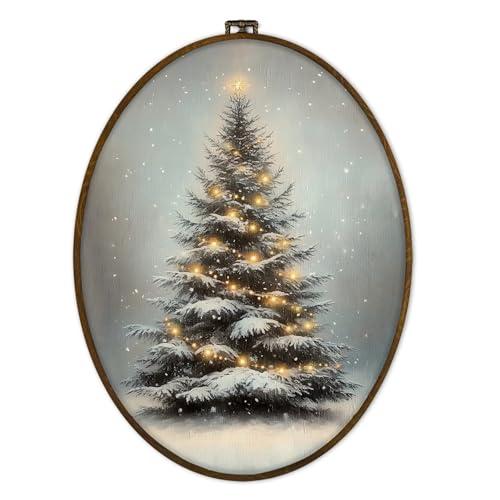 GWFSJYU Christmas Tree Framed Oval Wall Art Decor, Rustic Winter Christmas Pine Tree Canvas Prints Wall Art,Vintage Xmas Trees Hanging Decor for Bathroom Bedroom Living Room, 8.7x11.3inch