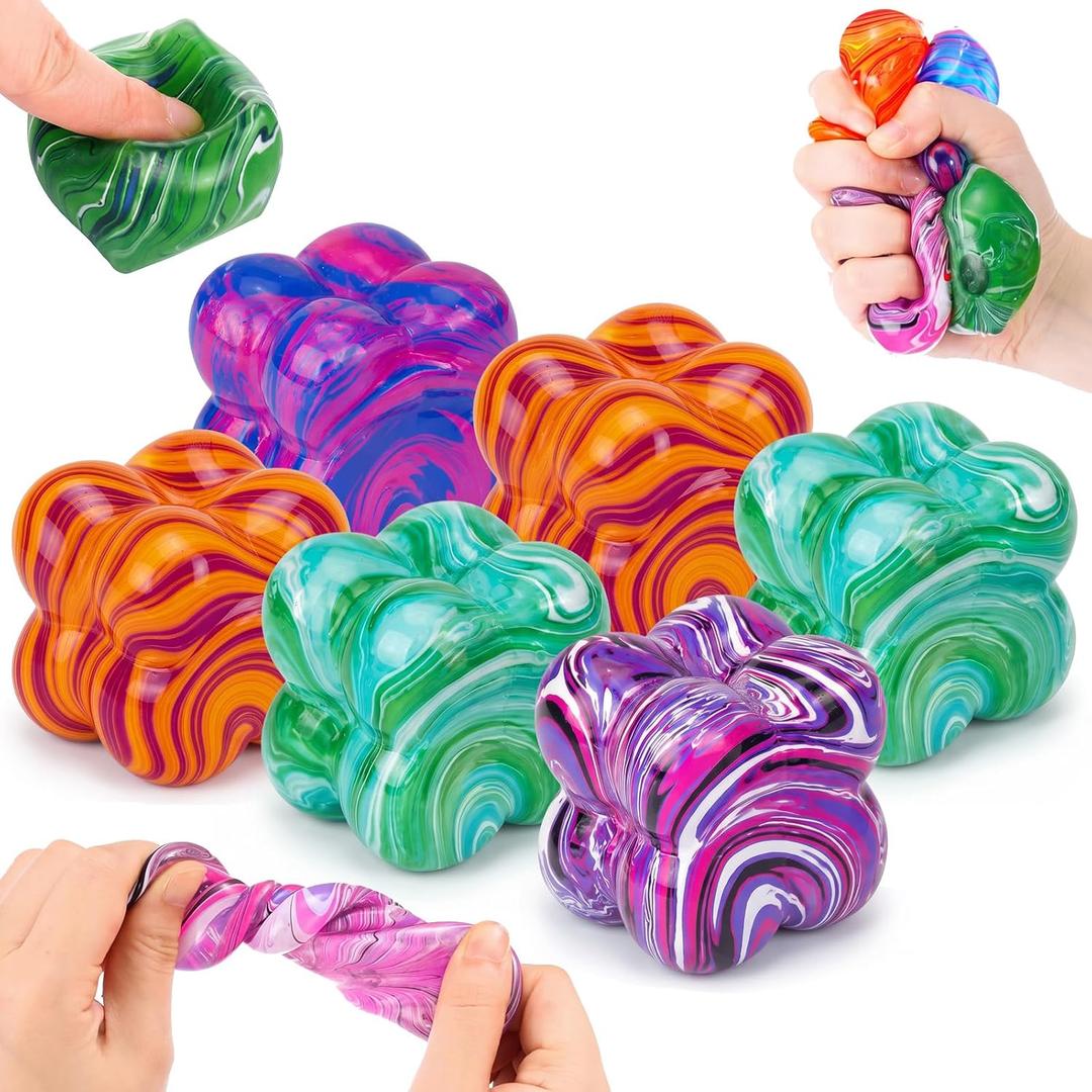 Gemscream 6 Pack Ice Cube Stress Relief Balls Soft Squeeze Fidget,4 Color | Sensory Fidget Toys for Anxiety Relief, Maltose Flow Gummy Texture Pattern, Party Favors Prizes Bulk Supplies for Adults