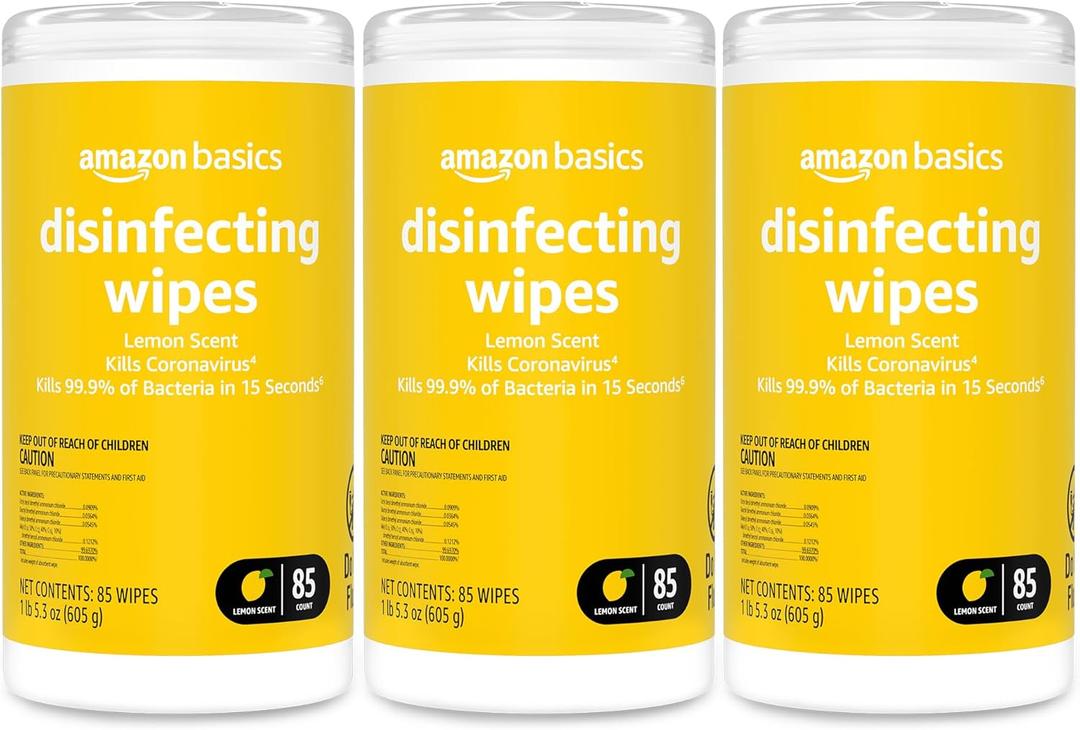 Amazon Basics Disinfecting Wipes, Lemon Scent, for Sanitizing, Cleaning & Deodorizing, 255 Count (3 Packs of 85) (85 Count (Pack of 3))