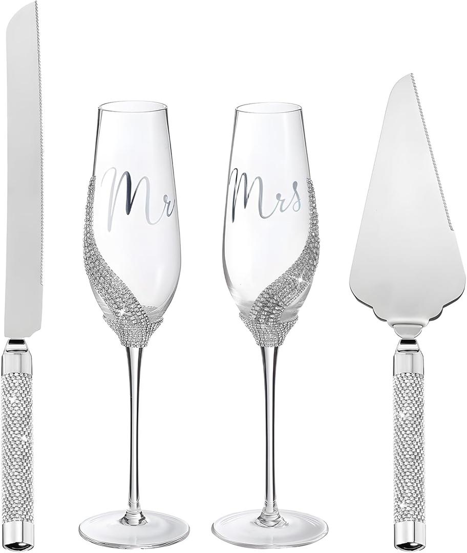 Sratte 4 Pcs Wedding Cake Knife and Champagne Flutes Server Set, Toasting Crystal Rhinestone Champagne Flutes Glasses Cake Knife Pie Server Wedding Gifts for Couple Bride Groom (Silver)