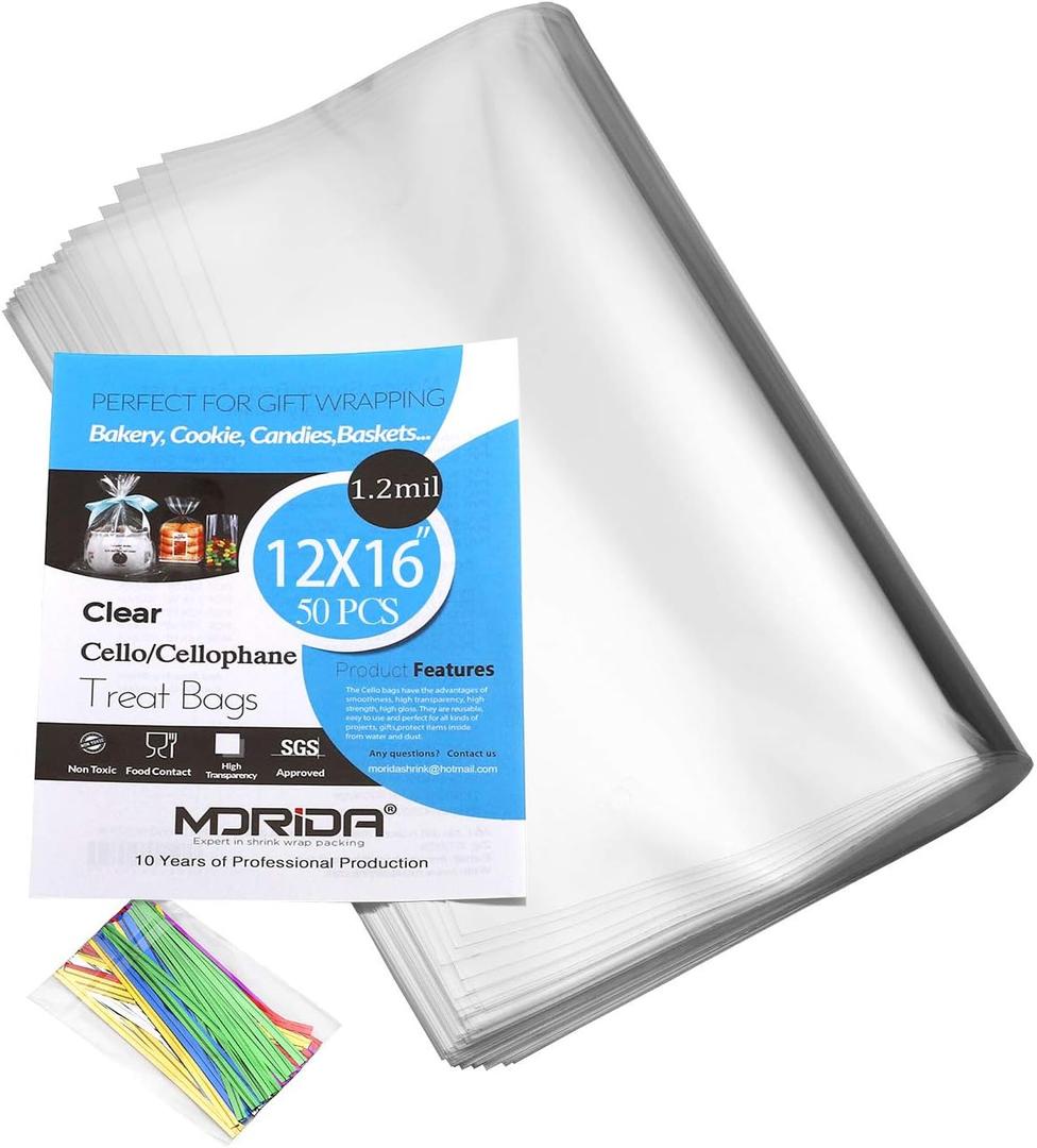 50 Pcs 12x16 inch Cello Cellophane Treat Bags Clear Flat for Gift Wrapping, Bakery, Cookie, Candies, Dessert, Baskets Packaging with Color Twist Ties