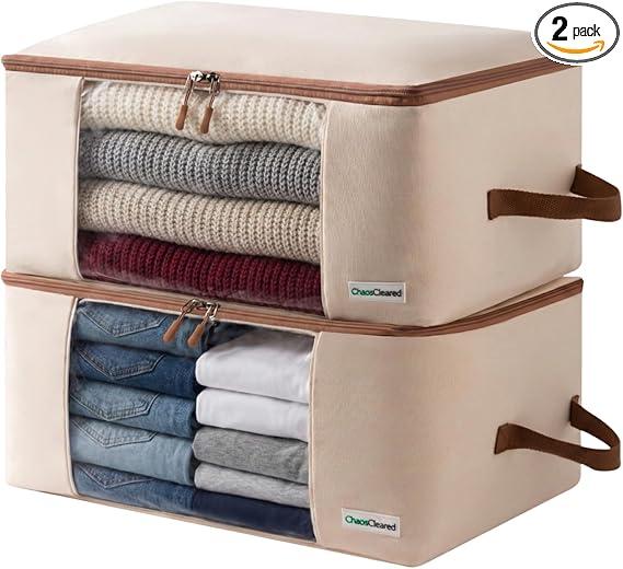 Chaos Cleared Canvas Storage Bags Designer Organizer for Clothing 2 Pack – Clothes Organizers for sweaters, clothing, garment, bedding, quilt, linens, large bag with zip & window, mothproof
Visit the Chaos Cleared Store