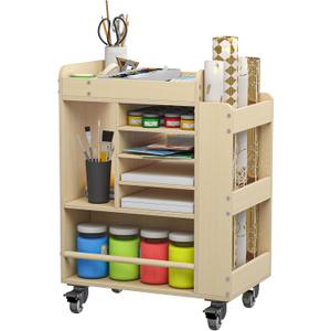 lukar Wooden Art Storage Cart with Wheels, 25.6" Art Supply Storage Organizer Cart, Multi-Functional Rolling Utility Carts for Kid, Arts Activity Carts for Storing A4 Paper, Brushes, Paint