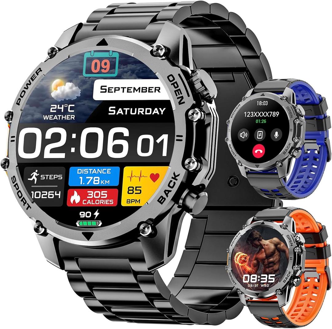 Hwagol Smart Watches for Men (Call/Notification),1.52'' Military Smart Watch, Two Style Kits,Flashlight,100+Sport Modes/Heart Rate/Sleep Monitor/Pedometer (Black)