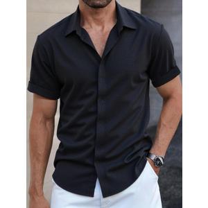Men's Button Down Shirt Short Sleeve Casual Summer Beach Business Shirt (Black, XXL)