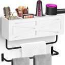 Hair Dryer Holder Wall Mount, Wood Hair Tool Organizer, White Hot Tools Organizer with 2 Towel Bars, Rustic Bathroom Organizer Blow Dryer Holder for Bathroom Decor, Flat Iron, Curling Wand, Brushes