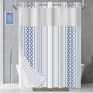 AXURXUI No Hook Shower Curtain with Snap in Liner and Sheer Window, Modern Hotel Style Shower Curtain Set for Bathroom Decor, Washable and Quick Install, Blue and White, 71 X 74 Inches