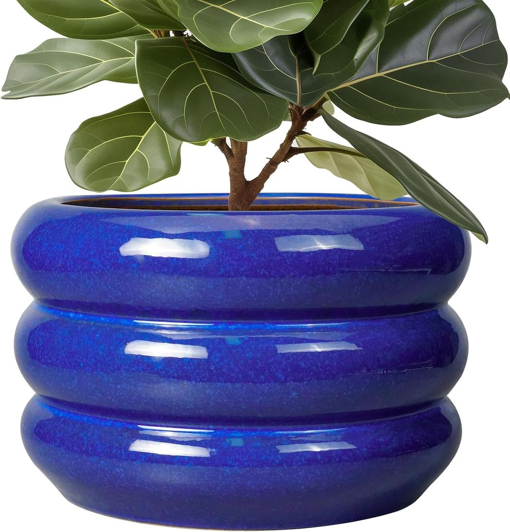 SQOWL Ceramic Plant Pot 13.5 Inch - Large Planter for Outdoor Plants Round Indoor Flower Pot with Drainage Hole Decorative Planter Modern Home Decor Blue