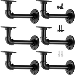 Janyang Industrial Pipe Shelf Brackets for 8 10 12 14 inches Board, Iron L Pipe Floating Shelves, Heavy Duty Metal Shelving Brackets - 6 Pack Black