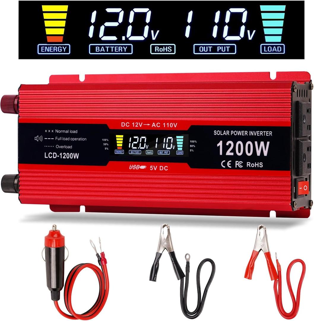 nomal Car Power Inverter 1200W , DC 12v to 110v AC Converter with LCD Display and AC Outlets 12 Volt Inverter for Truck RV Car