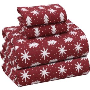 RUVANTI Flannel Sheets Queen Size - 100% Cotton Double Brushed Bed Sheets, Deep Pockets 16 Inches Queen Sheet Set, All Seasons Breathable & Extra Soft - Warm & Cozy, 4 Piece, Red Christmas