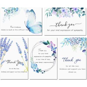 Hunanyume 50 Pack Funeral Thank You Cards with Envelopes, Stickers & Message Inside, 46 in Watercolor Flowers Butterflies Bereavement Sympathy Thank You Cards for Funeral Family Friends Loved Ones (Assorted/Multicolor)