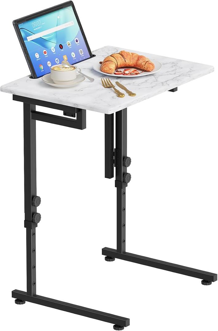 Adjustable Height Tv Tray Table,Portable Folding Tv Dinner Snack Table,Small Foldable C-Shaped End Table for Eating,Slide Under Couch Side with Sturdy MDF Top,No Assembly(White Marble+Black), 20.47 inches x 14.96 inches x 29.53 inches
