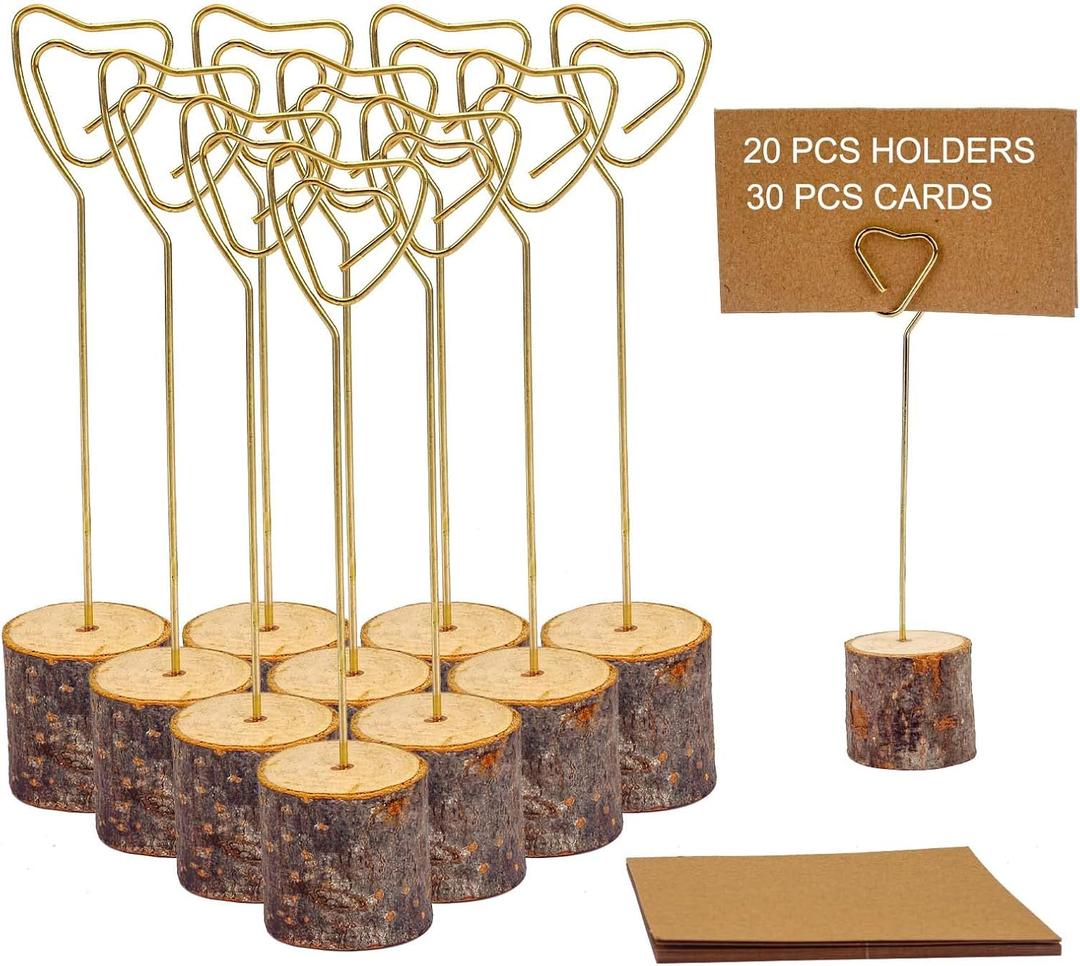 20 Pcs Rustic Wood Place Card Holders and 30 Pcs Kraft Place Cards, Wooden Table Number Holder Stand Photo Picture Note Clip Holders for Wedding Party Name Sign(Gold Heart Wire)