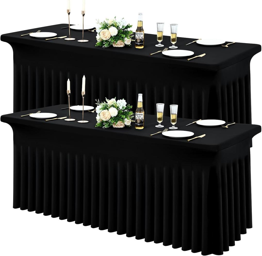 Spandex Fitted 6FT Rectangle Tablecloth 2 Pack, Elastic Stretch Wrinkle Resistant Table Skirt, Washable Reusable Table Cover for Wedding, Banquet, Party, Events (Black, 72Lx30Wx30H Inch)