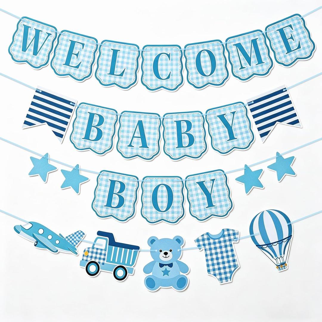 Baby Boy Baby Shower Banner, 4 PCS Pre-strung Blue Gingham Welcome Baby and Body Cloth Banner for Baby Boy Shower Party Decoration (welcome baby boy)
