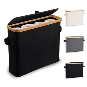 Toilet Paper Storage Basket with Lid, Bamboo Toilet Paper Storage Holder Stand Organizer for Bathroom, Toilet Paper Storage Box Container with Handle, Tissue Storage Bin for Small Place Closet, Black