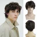 Men Short Brown Wig,Synthetic Layered Handsome Wavy Cosplay Halloween Replacement Hair Wig