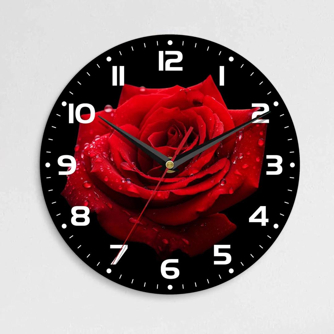 Wall Clock, 10 Inch Silent Non-Ticking Home Kitchen Decor, Battery Operated for Bathroom Bedroom Living Room Office(Red Roses)