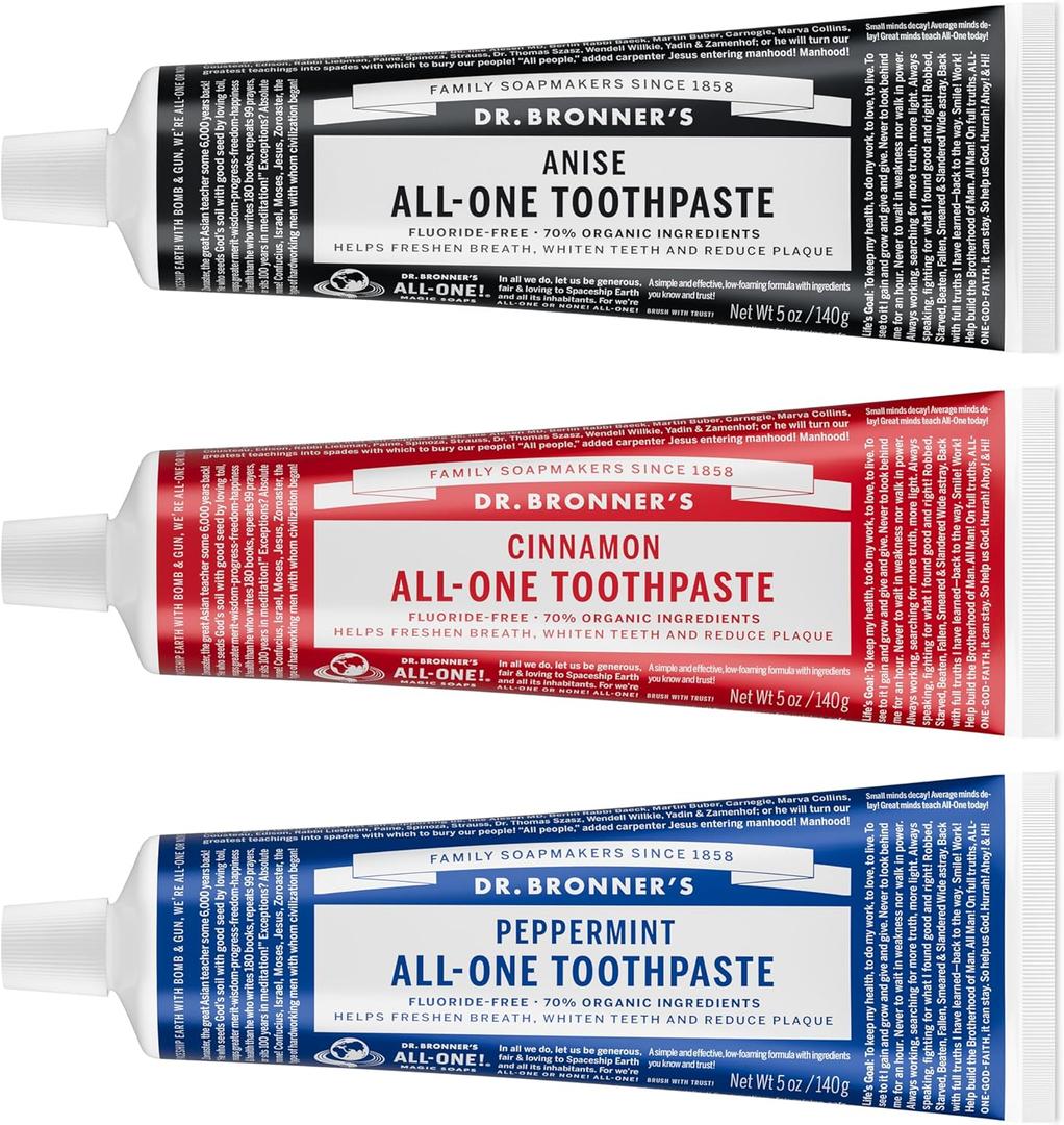 Dr. Bronners All-One Toothpaste 3-Pack Variety (Peppermint, Cinnamon, Anise, 5oz Each) 70% Organic Ingredients, SLS Free Toothpaste, Fluoride Free, Natural, Vegan, Gentle for Sensitive Teeth