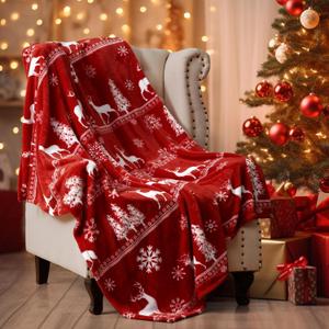 PHF Printed Fleece Throw Blanket, No Shed No Pilling Ultra Soft Plush Cozy Xmas Prints Theme Home Dcor Flannel Blanket for Bed, Sofa, Couch and Gift, 50" x 60", Reindeer and Trees, Red