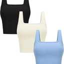 OLCHEE Womens 3 Pack Crop Tank Tops Basic Seamless Ribbed Sleeveless Square Neck Workout Top Summer Exercise Yoga Gym Shirts XS