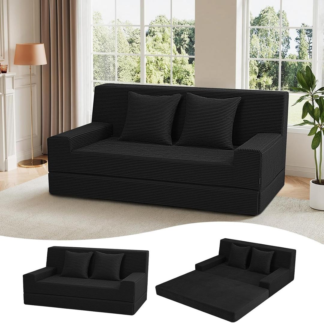 MeMoreCool 59" Boneless Couch Bed, Loveseat Futon Sofa, Small Space, Black