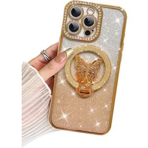 BITOBE Designed for iPhone 16 Pro Max, Cute 3D Butterfly Case Slim Plating Glitter Bling Luxury Rhinestone Cover with Kickstand for Women Girls Protective Camera Protection Bumper 6.9" Gold