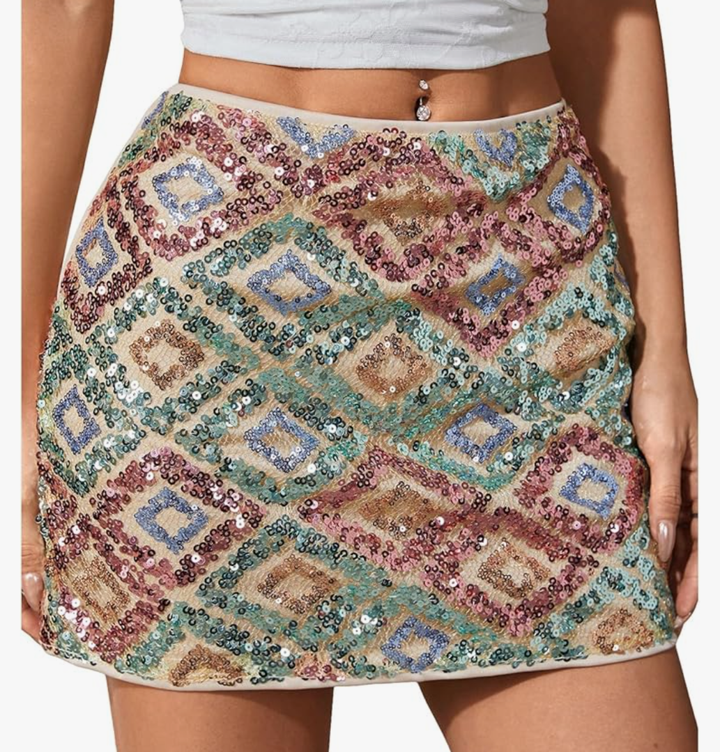 MakeMeChic Women's Sparkly Sequin Mini Skirt Y2k Low Rise Glitter Rave Micro Skirt with Shorts Underneath Multicolor X-Small