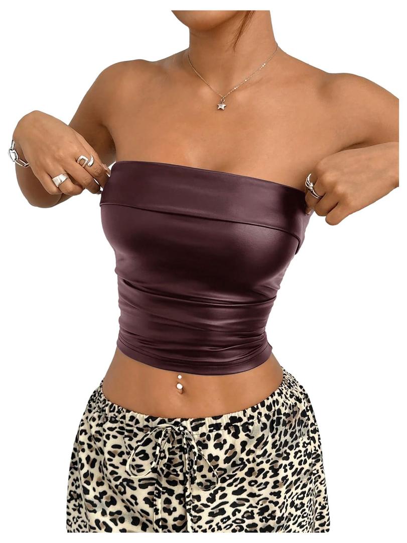SOLY HUX Women's Faux Leather Crop Tube Top Strapless Sexy Going Out Bandeau Top Party Rave Concert Outfit Pure Black Large