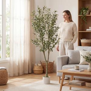 Faux Olive Tree, 6FT Artificial Olive Trees with Lifelike Olive Branches and Fruits, Fake Floor Plants with Pot for Indoor Home Office Living Room Outdoor Decor