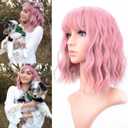 VCKOVCKO Pastel Wavy Wig With Air Bangs Women's Short Bob Purple Pink Wigs Curly Wavy Shoulder Length Pastel Synthetic Bob Wig for White Women Girls Daily Use Colorful Wigs(12", Purple Pink)