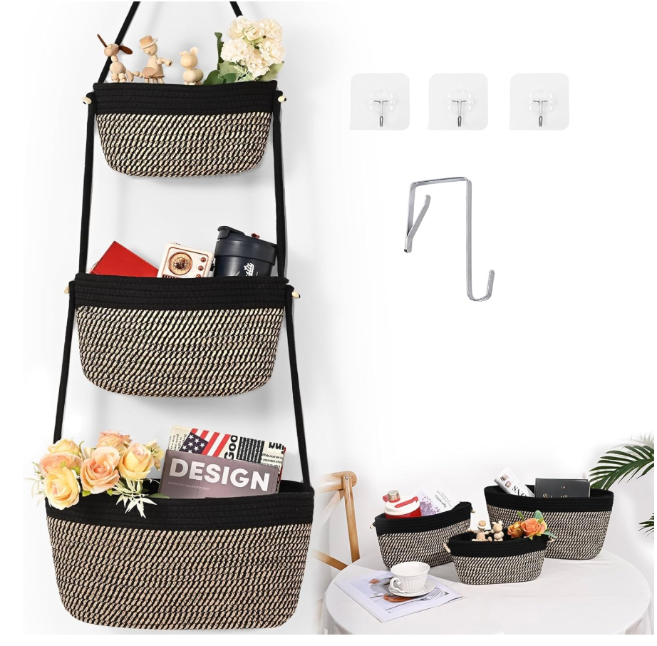 Hanging Basket, 3-Tier Woven Wall Basket with 4 Hooks, Cotton Rope Storage Baskets, Over the Door Organizer for Nursery, Bedroom, Cottage and Boho Wall Decor