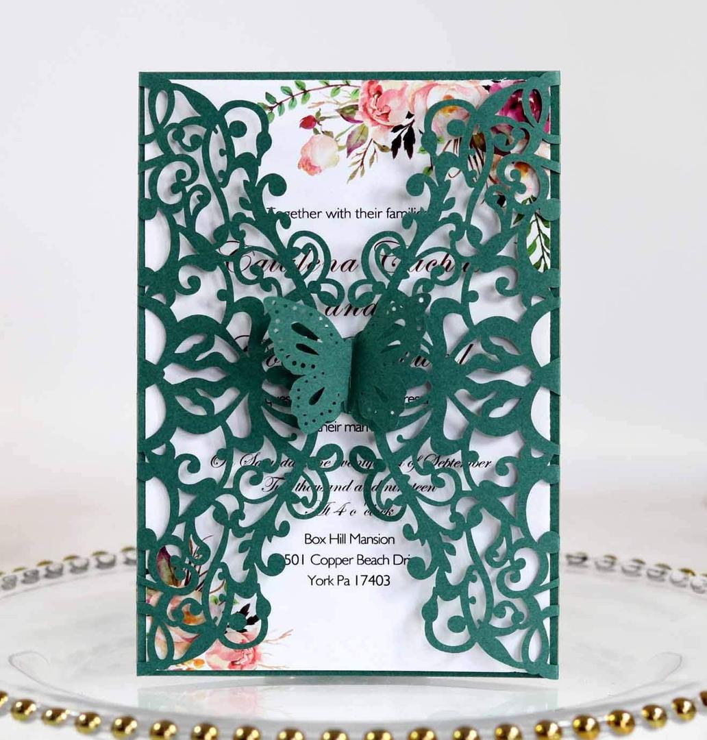50sets Wedding Invitations Cards Laser Cut Butterfly Flower Multi Color Decor Gift Greeting Card RSVP Party Favor Decoration (Green, Only Invitation Cards)