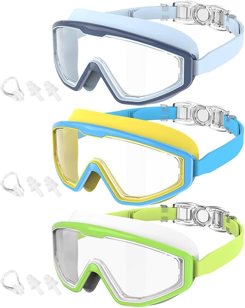 Kids Goggles Age 4-16, Anti-Fog UV 180°Clear View Kids Swim Goggles, 3 Pack Swimming Goggles Waterproof Pool Goggles, One Size
