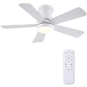 Hounberi Ceiling Fans with Light and Remote, 40" White Flush Mount Ceiling Fan with Dimmable LED,6 Speeds DC Reversible,Timer, Noiseless, Indoor Low Profile Ceiling Fans for Bedroom,Kitchen