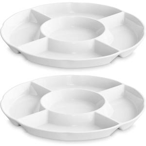 LAUCHUH Veggie Tray Set of 2, Porcelain Chip & Dip Serving Set Divided Serving Platter White Serving Tray for Mother's Day Party, Fruits, Veggies, Candy, Snack, Dessert, 12 inch