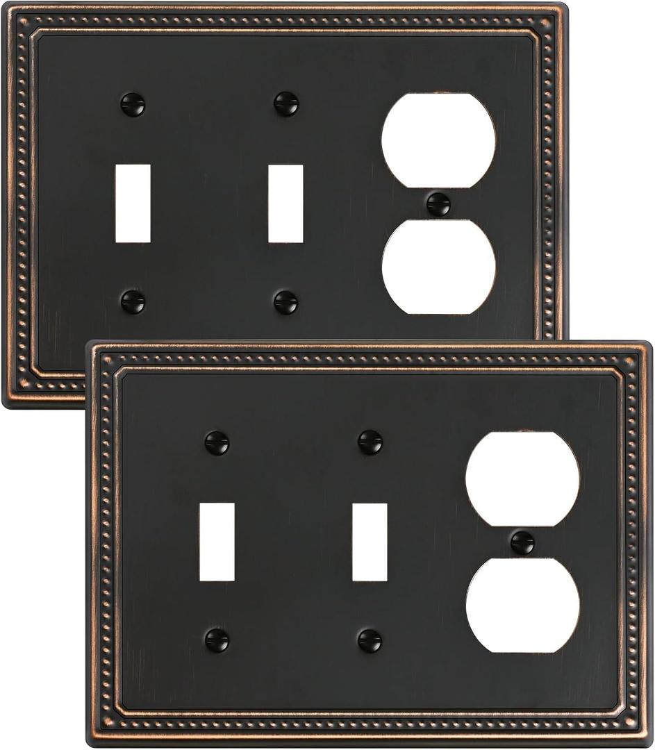 2-Pack Combo Duplex/Double Toggle Light Switch Cover Plate, Aged Bronze Pearls Decorative Switch Plates and Outlet Covers, Metal Wall Plates for Electrical Outlets